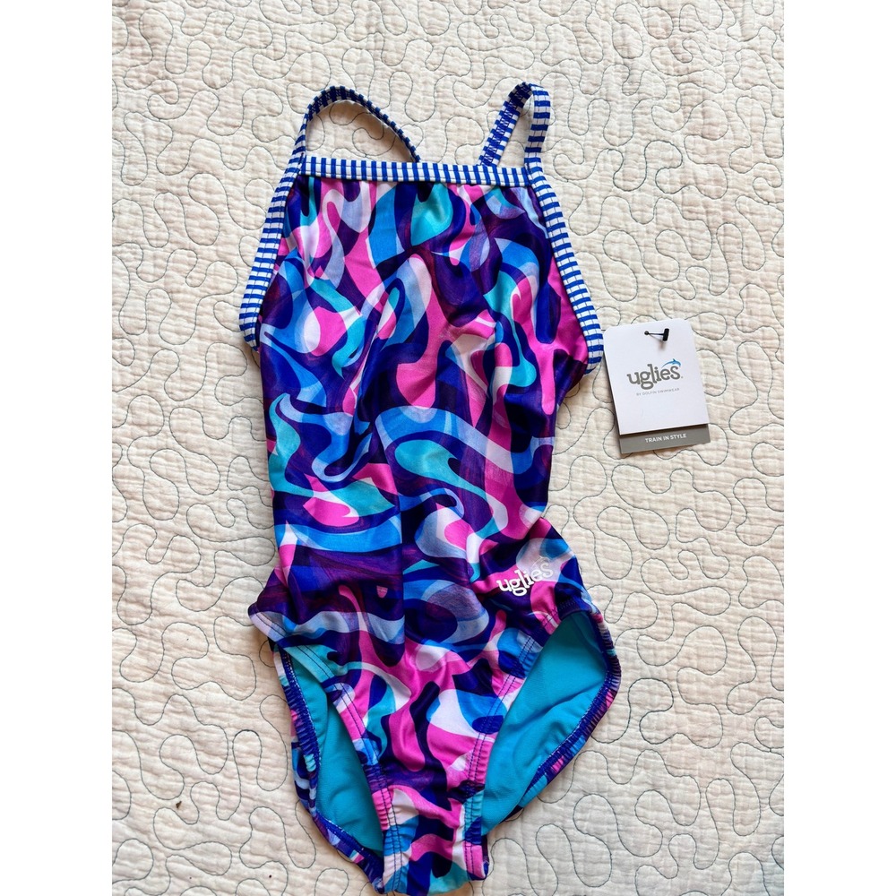 Dolfin Uglies Girls One Piece Swimsuit Size 28 Purple Pink Blue Abstract Swirl